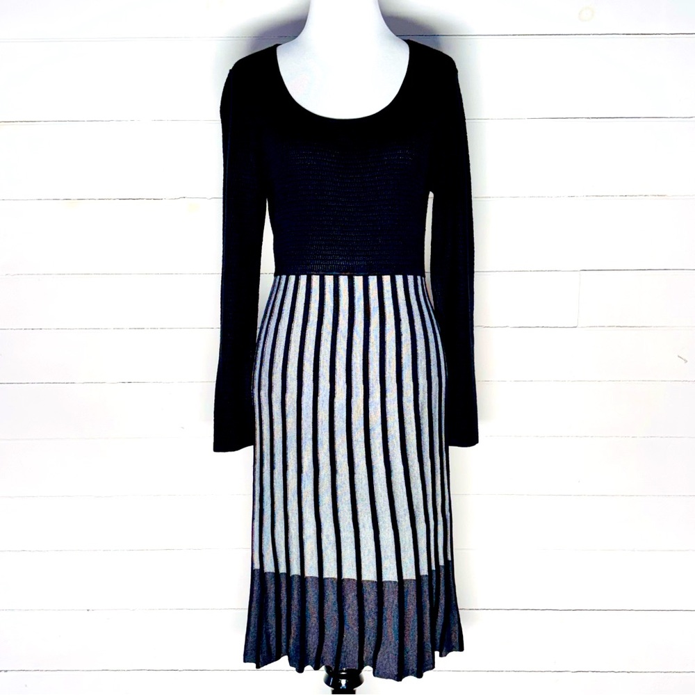NWOT Calvin Klein Black & Gray Knit Faux Pleat Long Sleeve Midi Dresss Size M